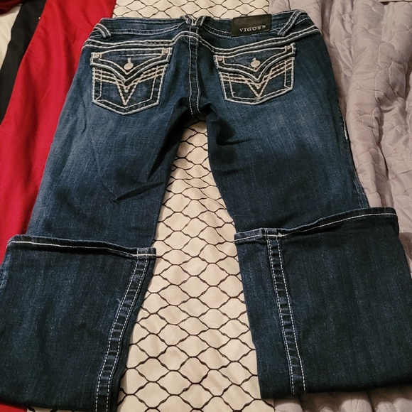 RARE MINT Vigoss Blue Bootcut Jeans 30/32 with White And Bling Detailing 7/8 - Picture 1 of 4
